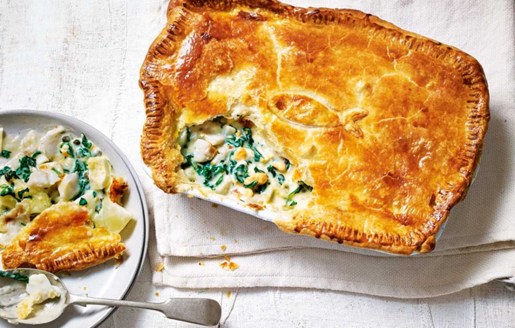 All-in-one potato, spinach and caper fish pie