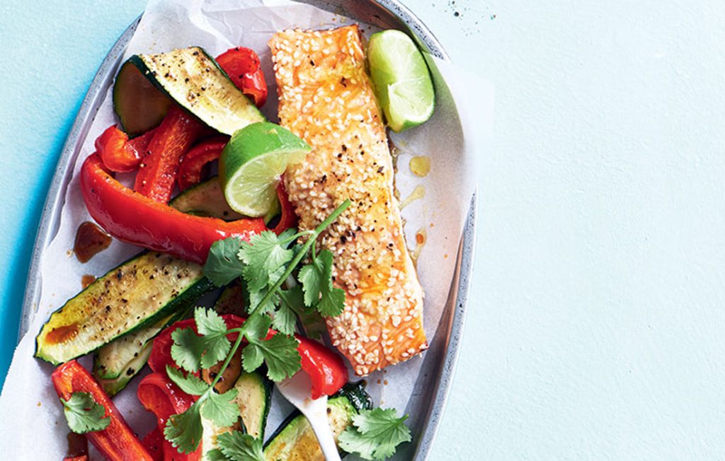 Honey-glazed salmon with roasted vegetables