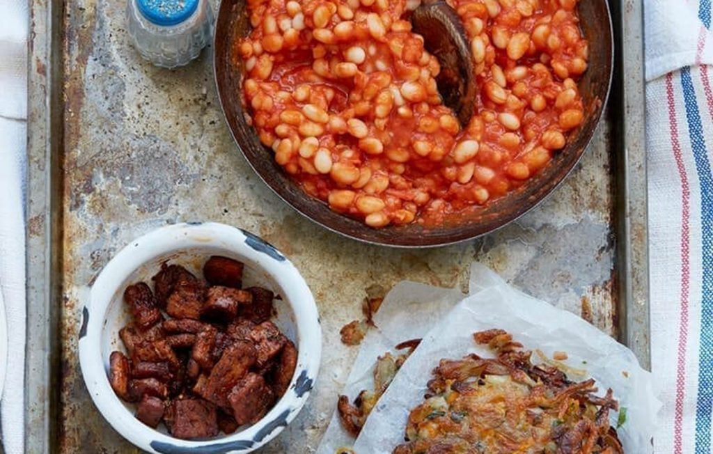 Root veg rosti with homemade beans
