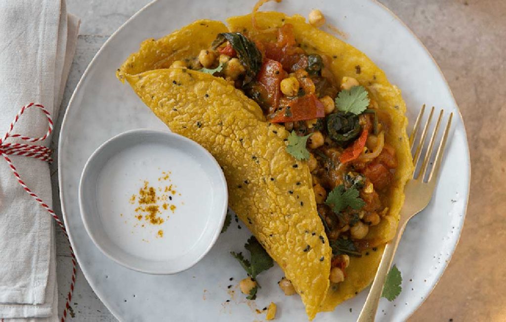 Vegan tamarind chickpea curry with pancakes
