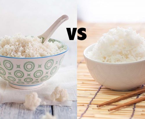 A bowl of cauliflower and rice and a bowl of white rice