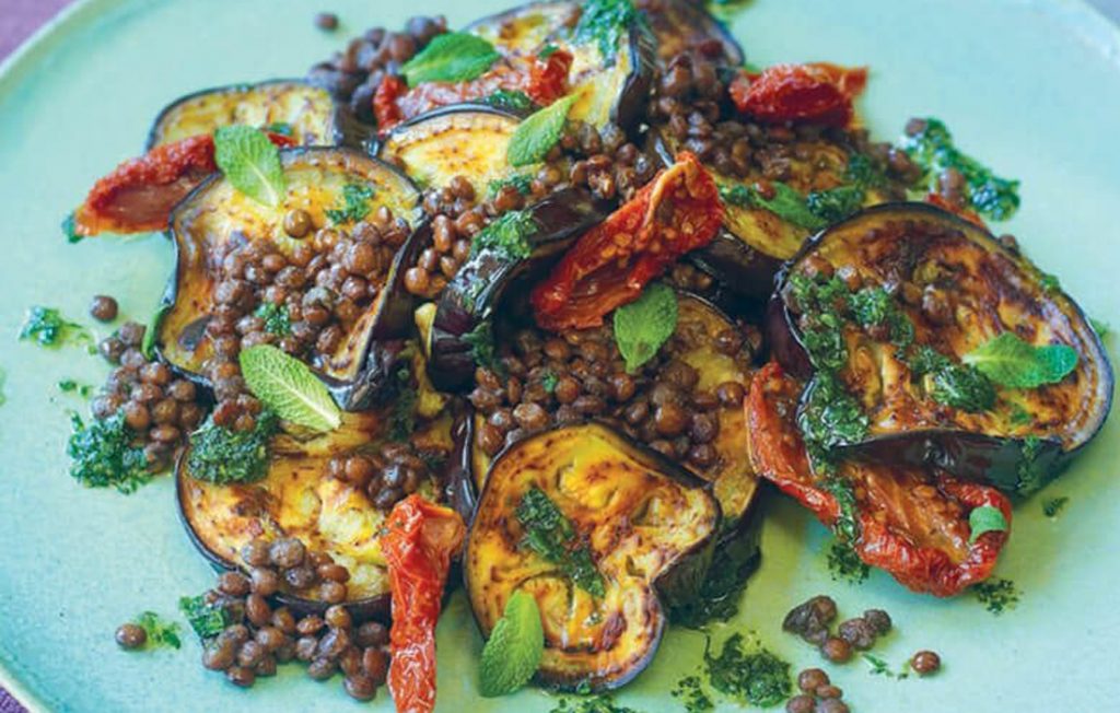 Eggplant, lentils and sun-dried tomatoes with mint oil
