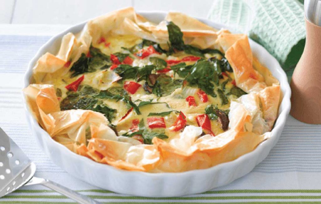 Quiche made healthier, with new potatoes and salad Quiche made healthier, with new potatoes and salad