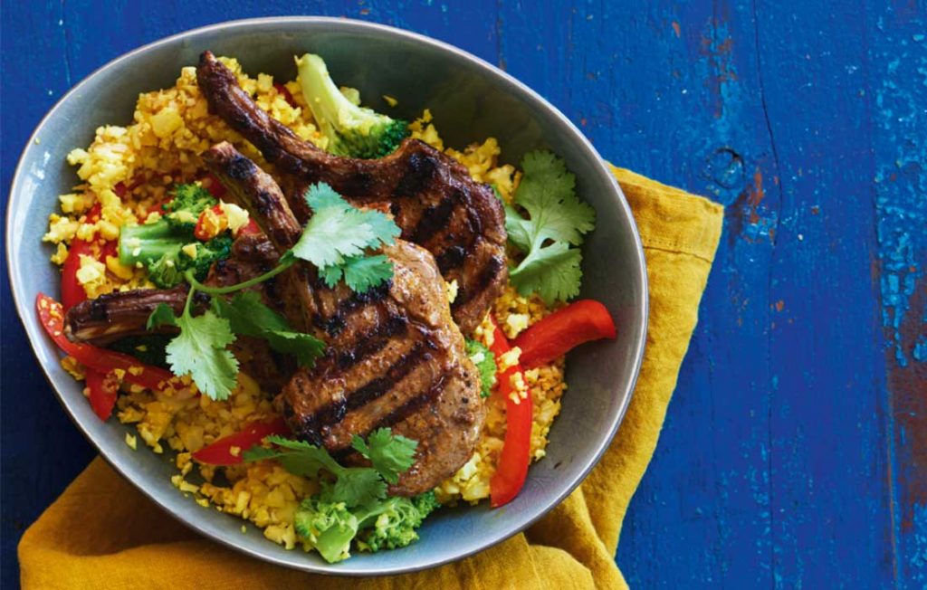 Turmeric cauliflower rice with grilled lamb cutlets Turmeric cauliflower rice with grilled lamb cutlets