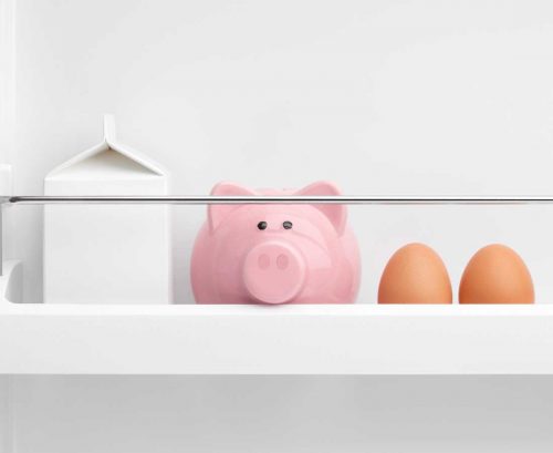 Piggy bank in the fridge door with some eggs and milk