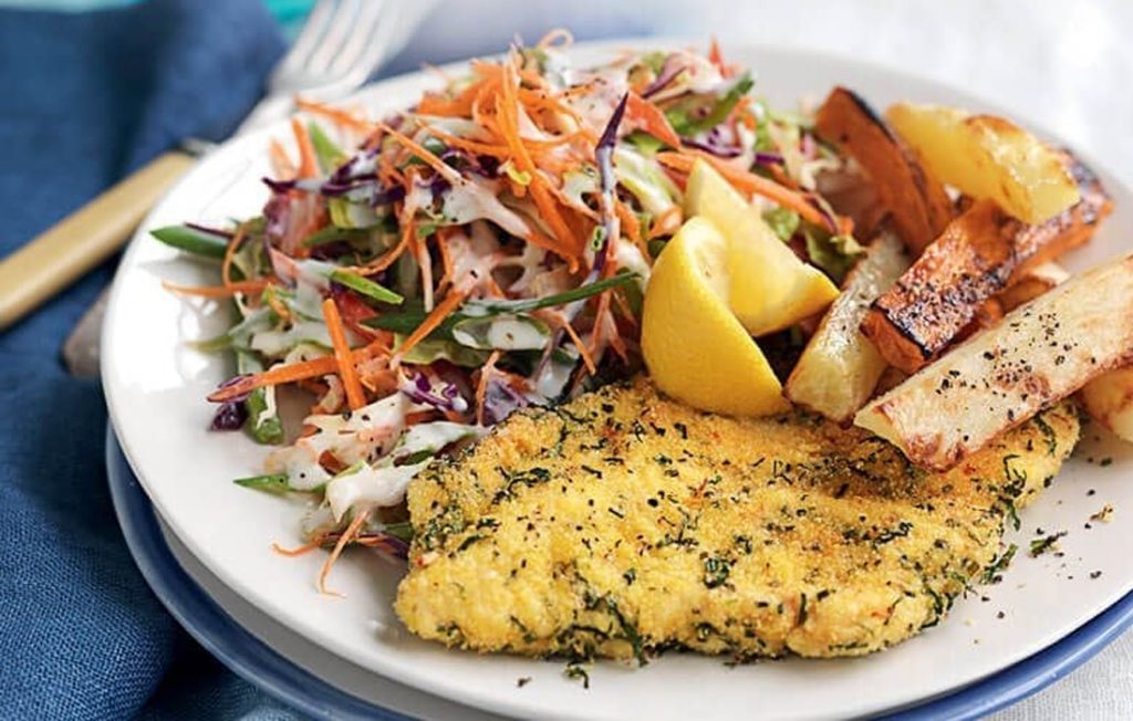 Herb-crumbed chicken with baked potato chips