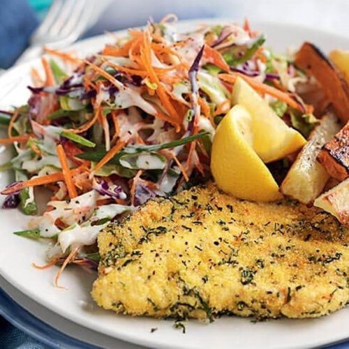 Herb-crumbed chicken with baked potato chips