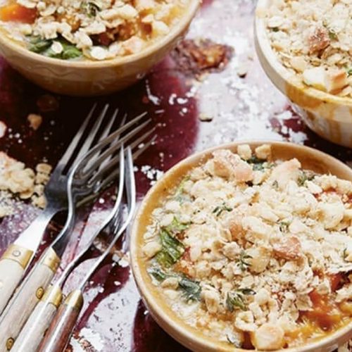 Macadamia crumble pots with squash and chickpeas