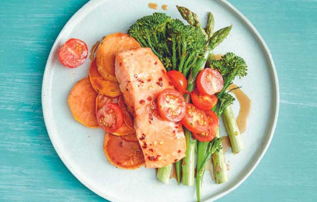 Baked chilli–lime salmon with sweet potato, broccolini and asparagus Baked chilli–lime salmon with sweet potato, broccolini and asparagus