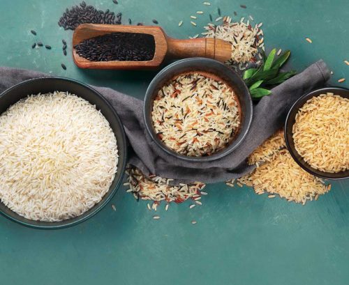 white rice, black rice, wild rice and brown rice
