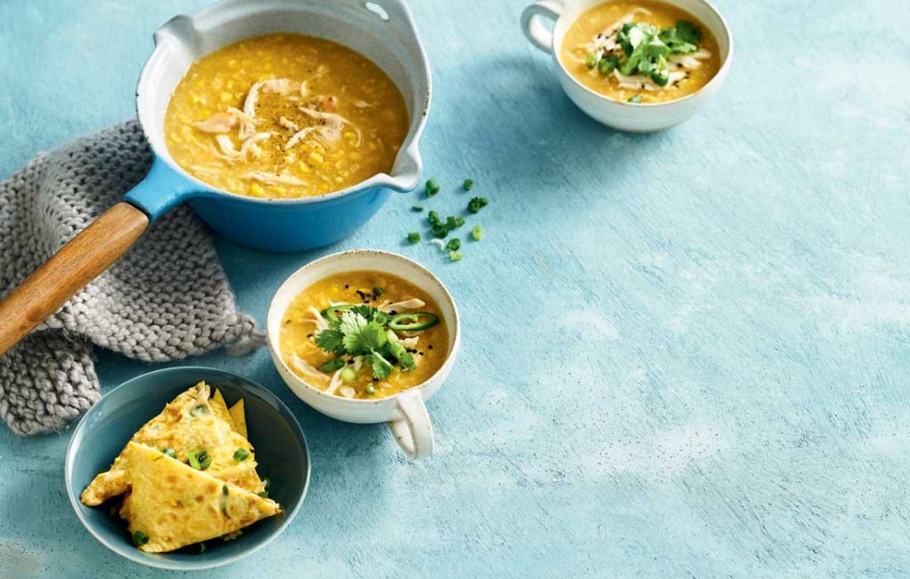 Chicken and corn soup with Asian omelette