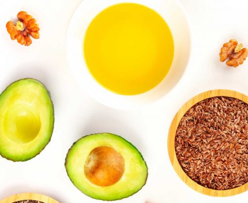 Plant-based omega-3 rich foods: avocado, canola oil, flax seeds and walnuts