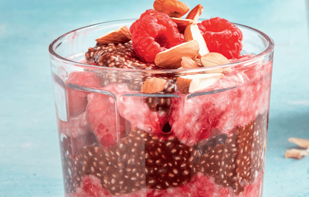 Layered chocolate, raspberry and almond puddings
