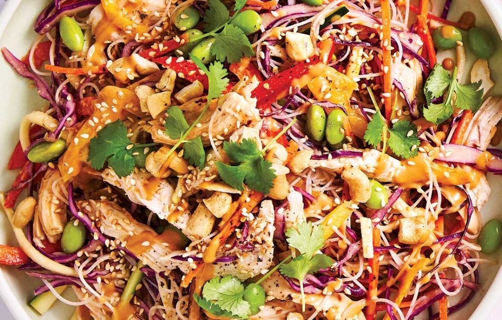 Rainbow noodle salad  with chicken and edamame