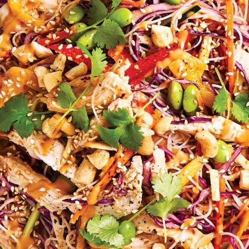 Rainbow noodle salad  with chicken and edamame