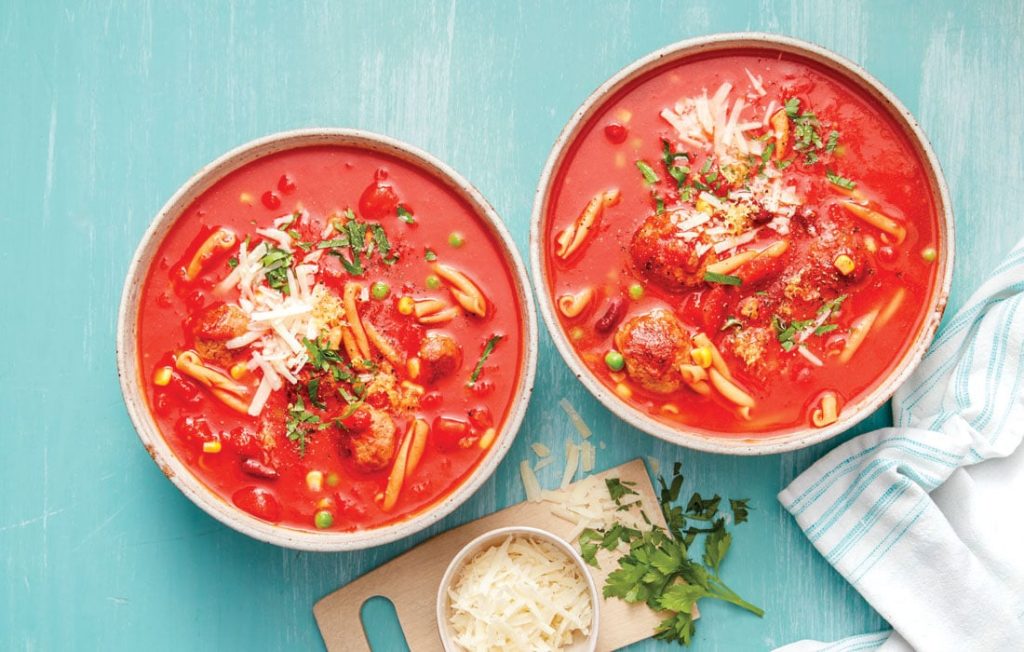 Speedy meatball minestrone Minestrone soup with meatballs