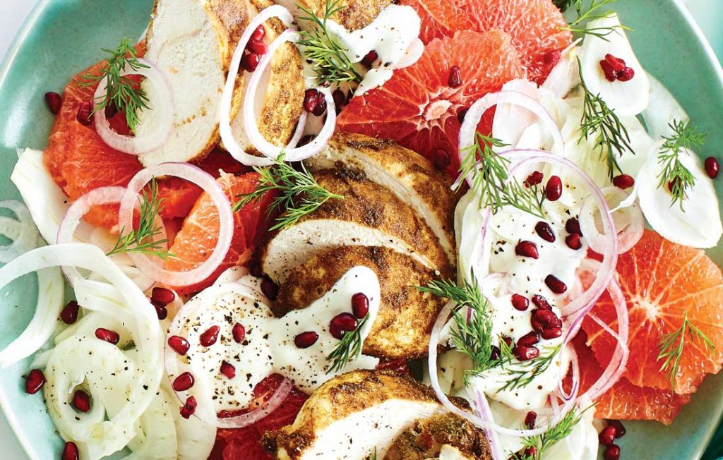 Spicy chicken salad with tahini dressing