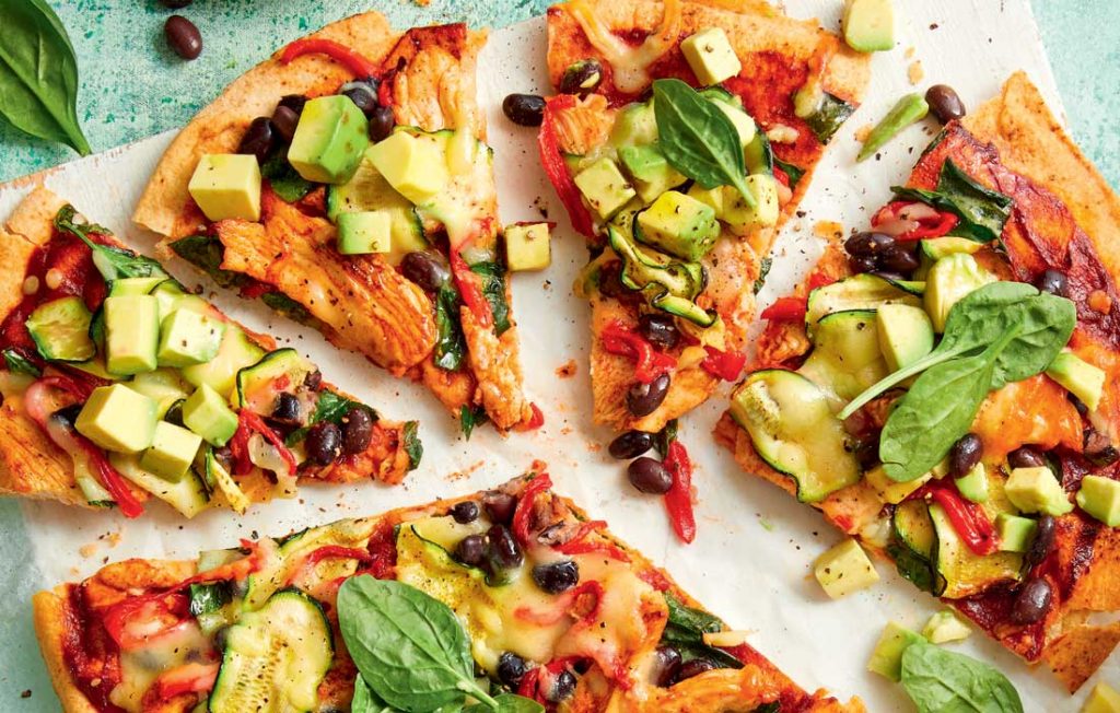 Chicken, black bean and roasted pepper pizza