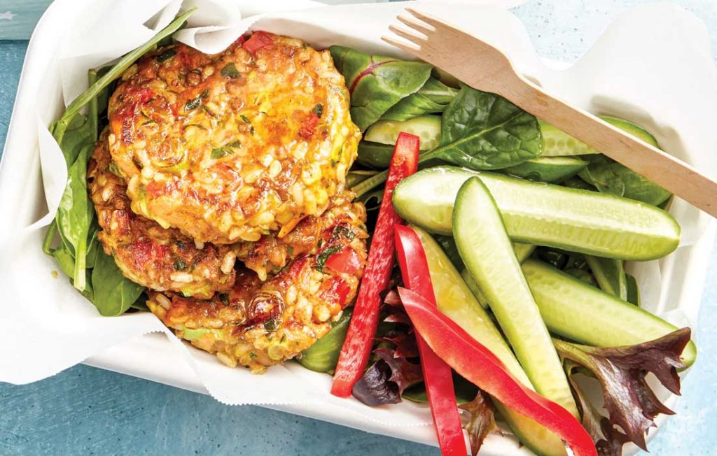 Indian–style lentil, rice and courgette fritters