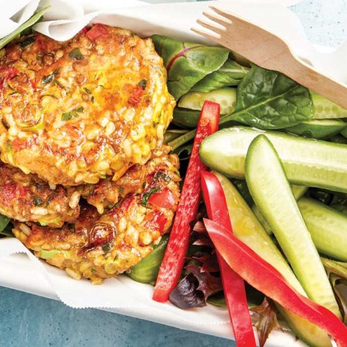 Indian–style lentil, rice and courgette fritters