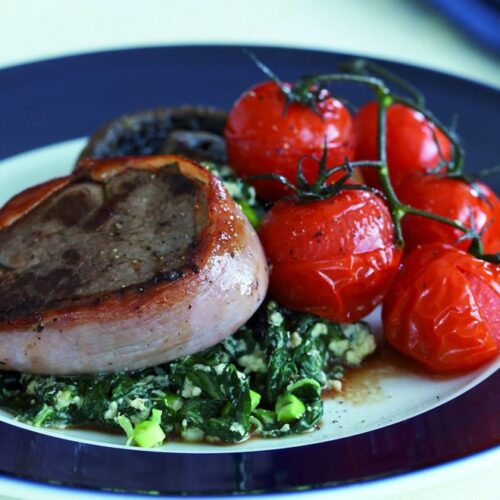 Prosciutto-wrapped beef with creamy silver beet