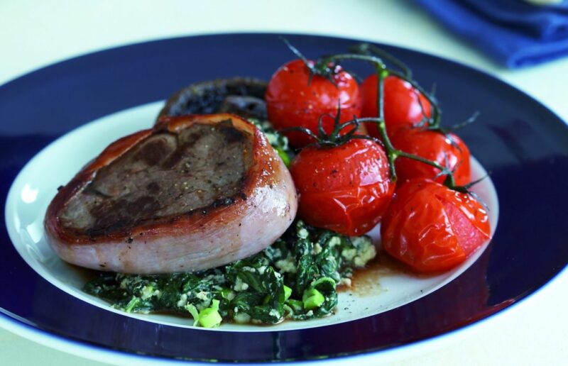 Prosciutto-wrapped beef with creamy silver beet