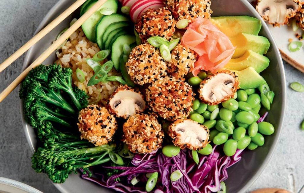 Crispy sesame-crusted mushroom bowl