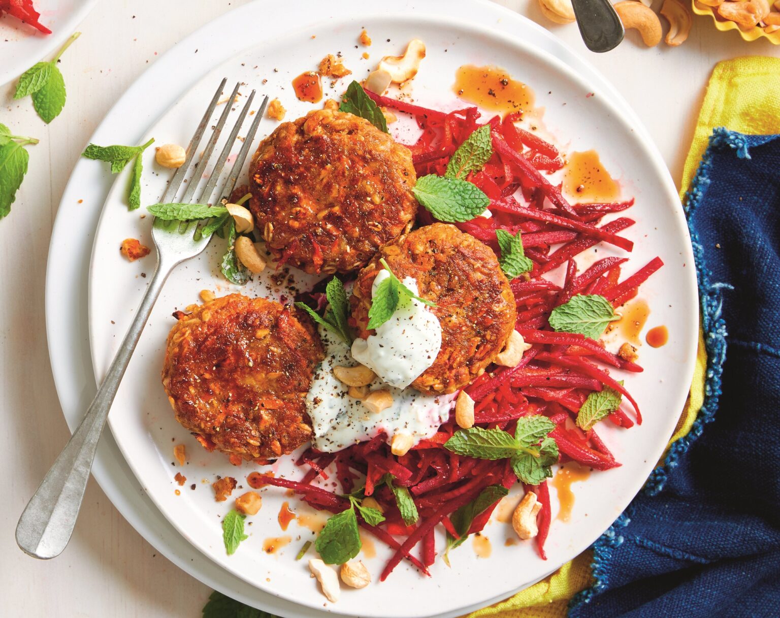 Lentil and cashew patties with carrot and beetroot salad