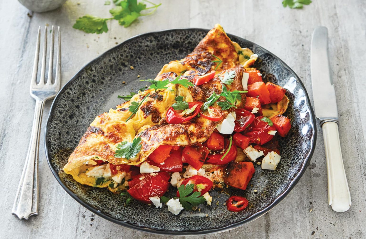 Roast vege and feta omelette
