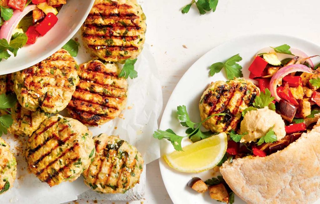 Chicken patties with dukkah-spiced veggies