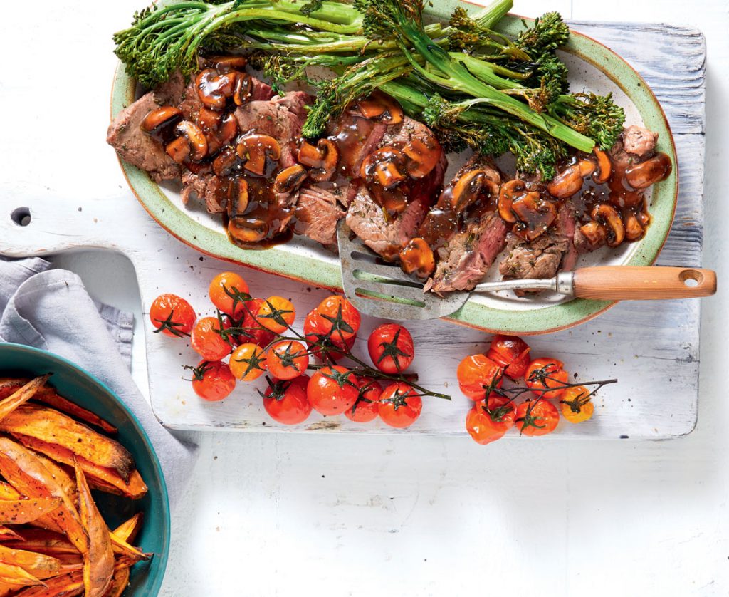 Grilled steak with kumara wedges and mushroom sauce