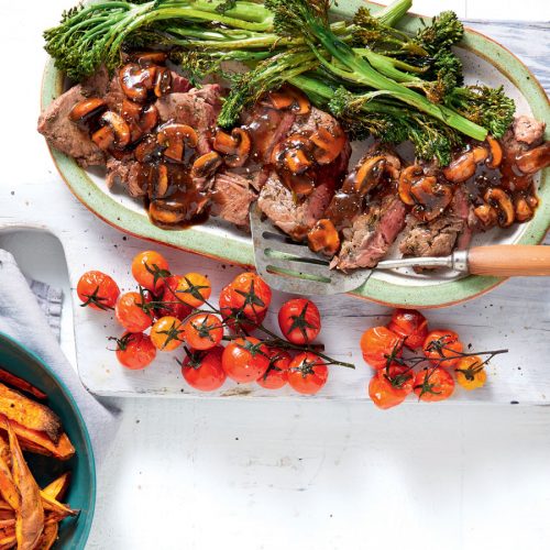 Grilled steak with kumara wedges and mushroom sauce