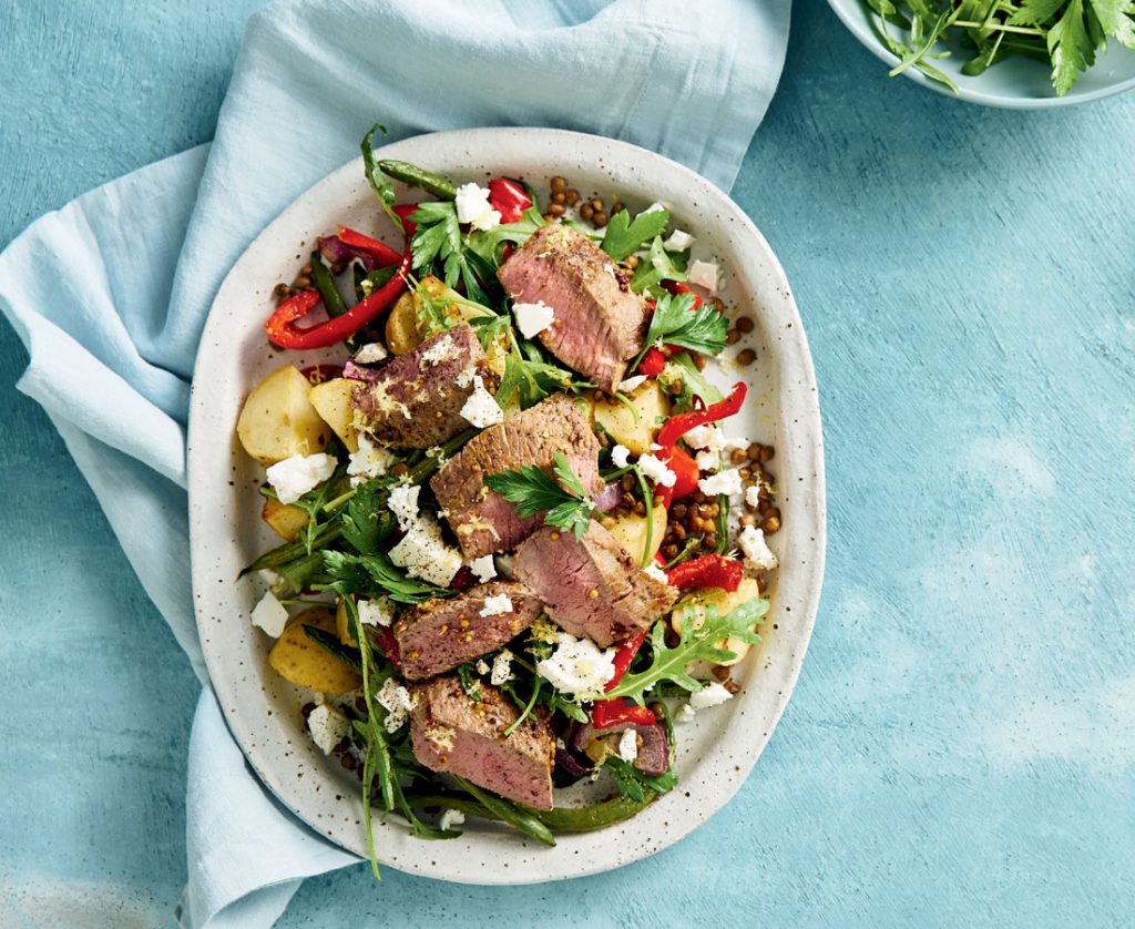 Warm mustard lamb, lentil and feta salad Warm mustard lamb, lentil and feta salad