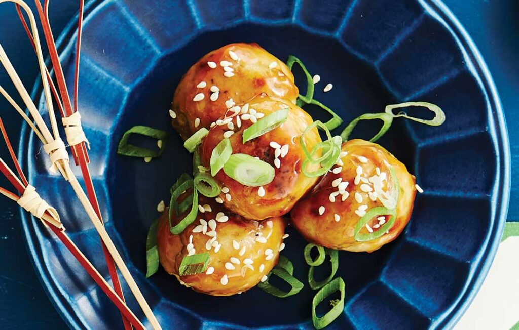 Ginger chicken meatballs with honey-soy drizzle