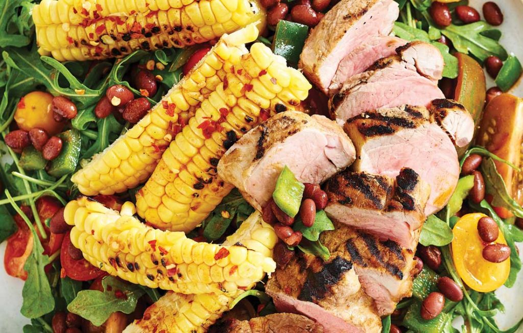 Grilled corn, smoky pork and tomato salad