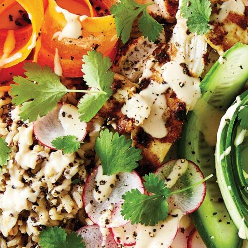 Warm satay chicken Buddha bowl