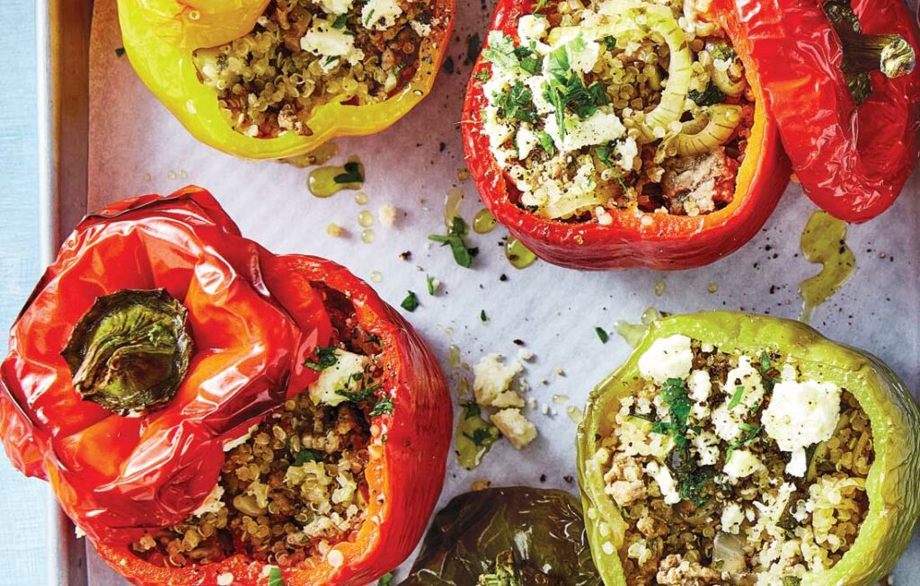 Lamb and quinoa stuffed capsicums with feta