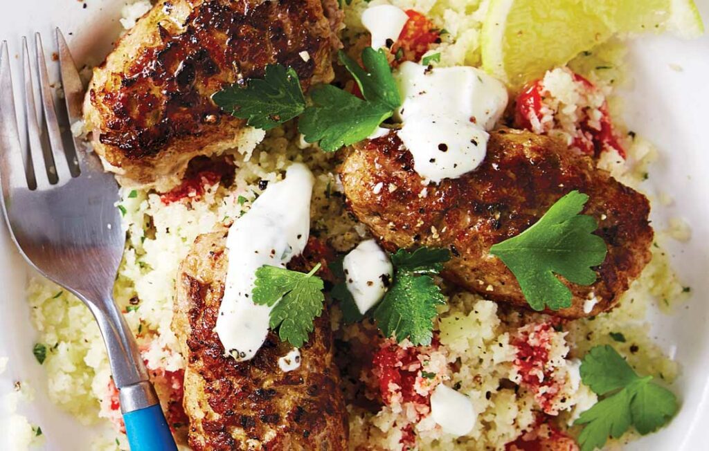 Pork and fennel kebabs with cauliflower rice