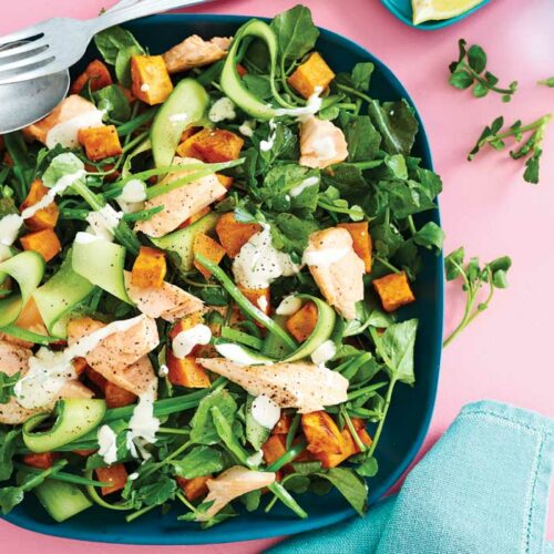 Roasted harissa sweet potato and salmon salad