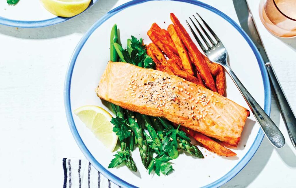 Air-fryer miso ocean trout with sweet potato fries Air-fryer miso ocean trout with sweet potato fries