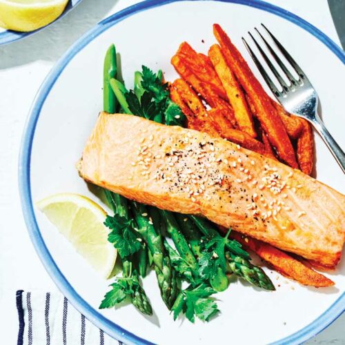 Air-fryer miso ocean trout with sweet potato fries