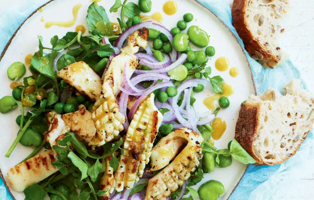 Barbecued calamari with watercress and pea salad