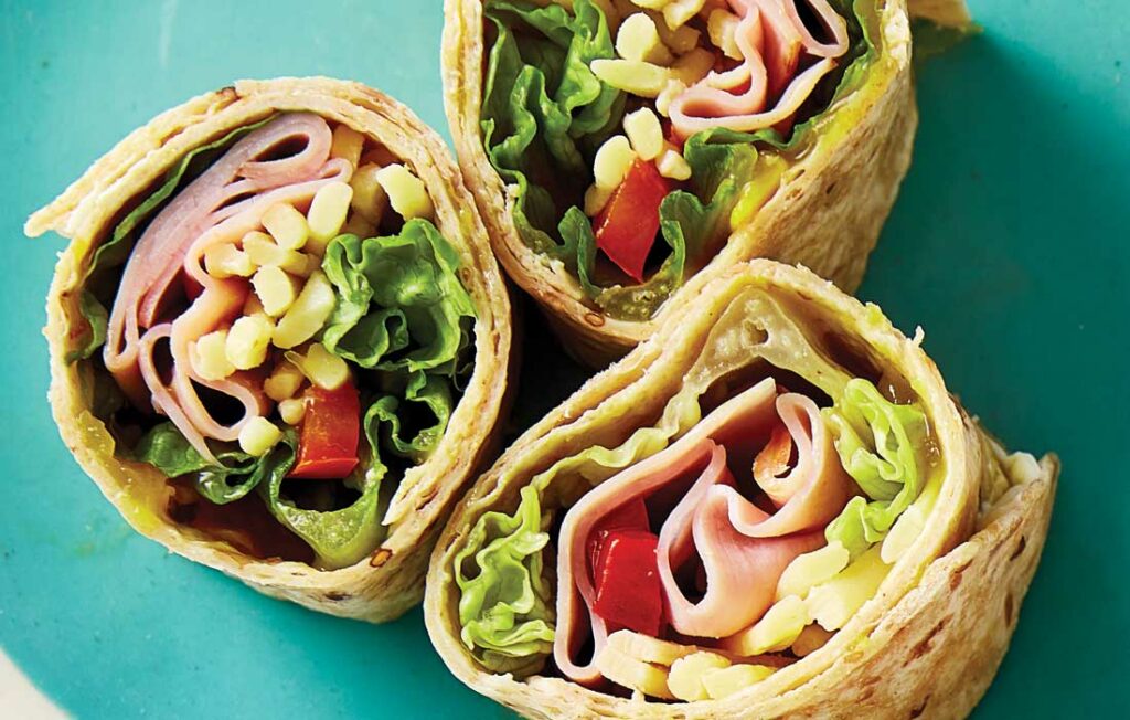 Ham, cheddar and corn relish pinwheel wraps