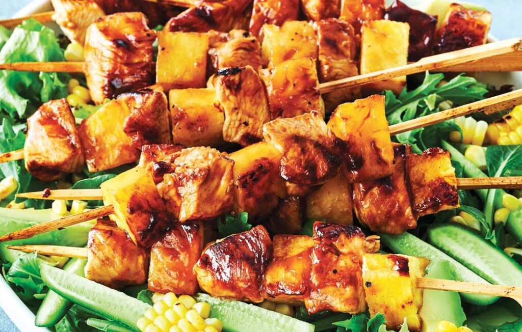 Huli Huli chicken and pineapple skewers with coconut rice
