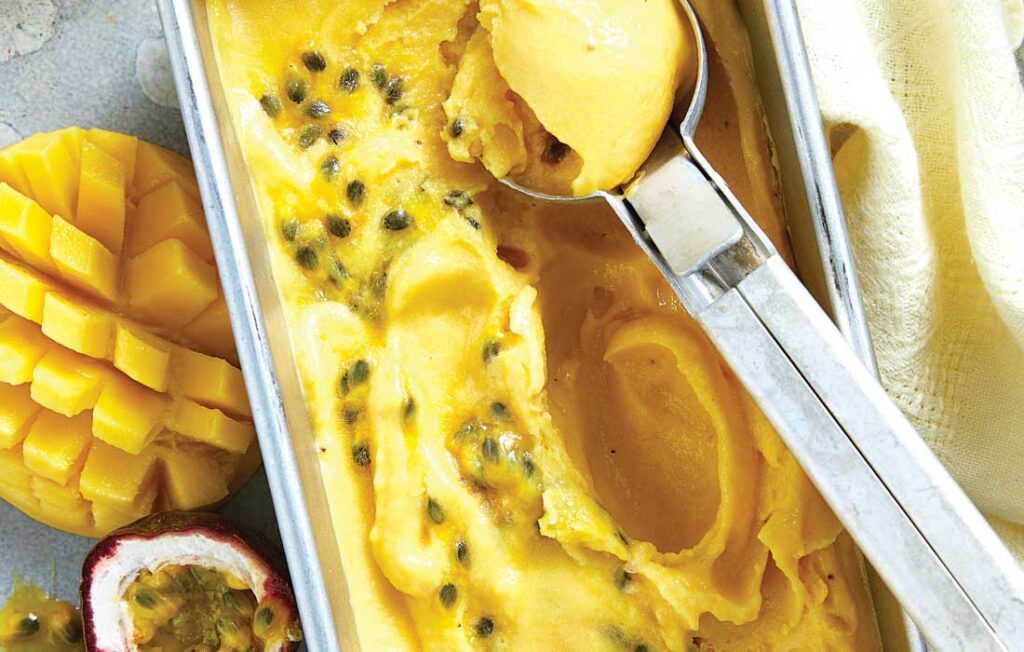 Mango, passionfruit and coconut ‘nice cream’