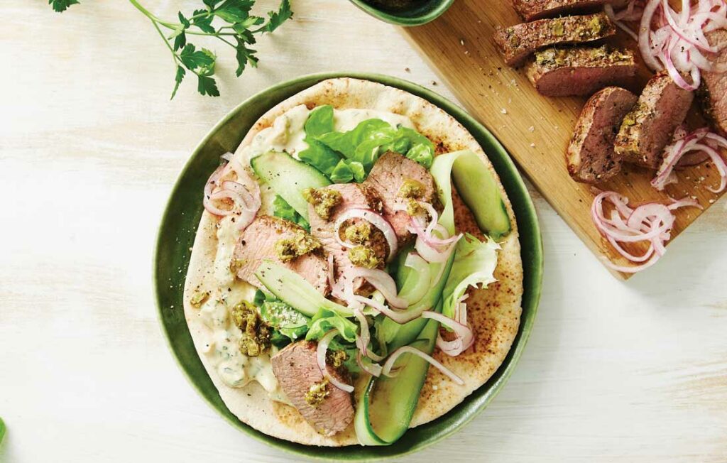 Oregano lamb with white bean hummus and flatbread