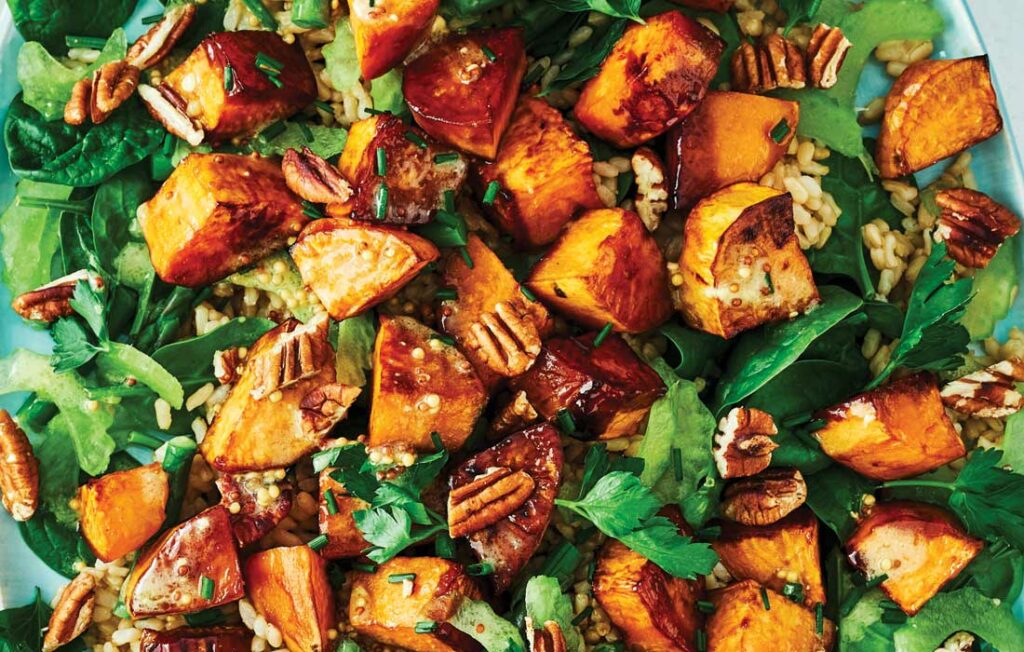 Roasted sweet potato, pecan and brown rice salad