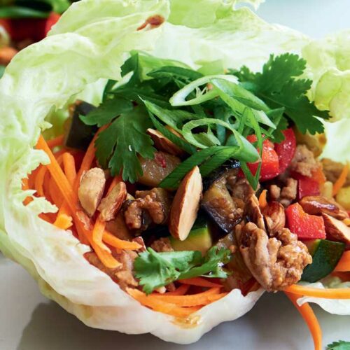 Warm pork, eggplant and almond lettuce wraps