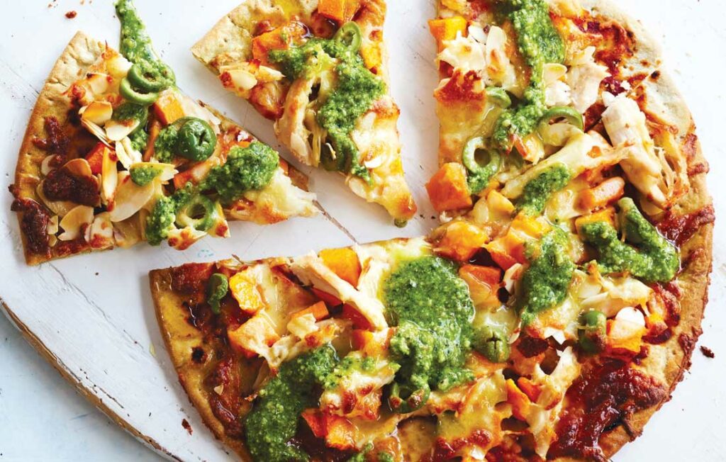 Chicken, pumpkin and pesto pizzas Chicken, pumpkin and pesto pizzas