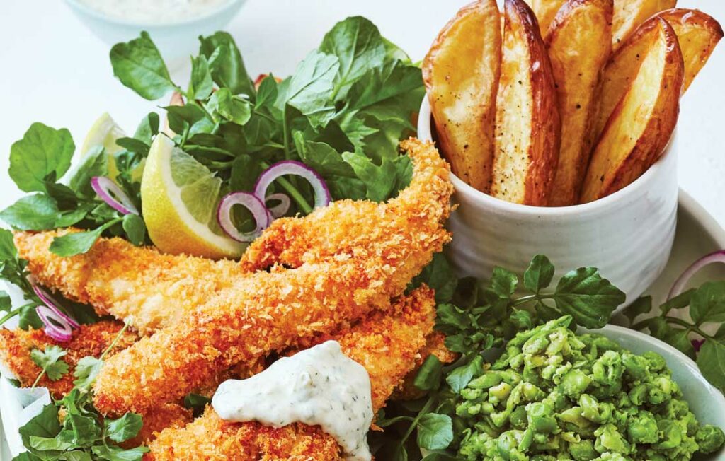Healthier fish fingers with potato wedges and yoghurt tartare
